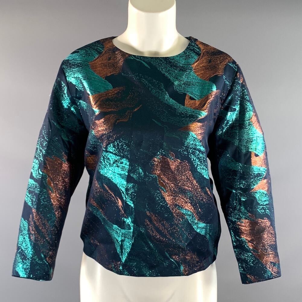 MAJE Size 2 Blue Gold Polyester Blend Abstract Scoop Neck Blouse